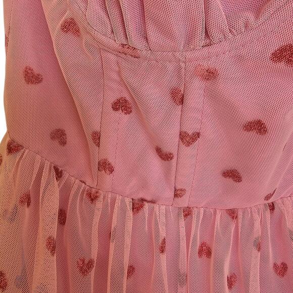 Betsy Johnson Pale Pink Glittery Heart Printed Tulle Romantic Midi Dress - Picture 7 of 10